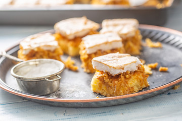 Cubes cut applie pie on a vintage tray with a sugar sieve and baking tray in the background