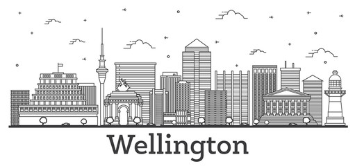 Fototapeta premium Outline Wellington New Zealand City Skyline with Modern and Historic Buildings Isolated on White.