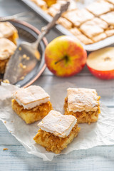 Portrait of apple pie pieces put on a napkin next to a tray and fresh apples