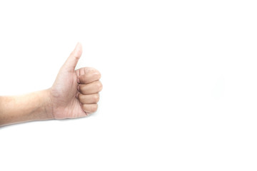 Close up kid hand do thumbs up gesture over white background and blank space for user to put material. Good, happy and positive concept.