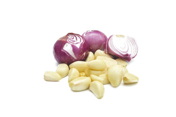 Close up red onions, white onions peel and a cut of red onion over white background.