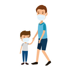father with son using face mask vector illustration design