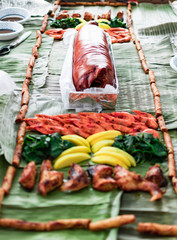 Boodle fight style of eating. A traditional filipino way of eating together with family and friends