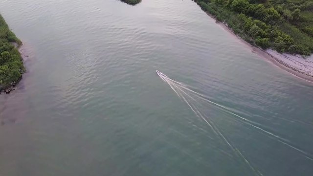 Aerial footage of a boat in the water