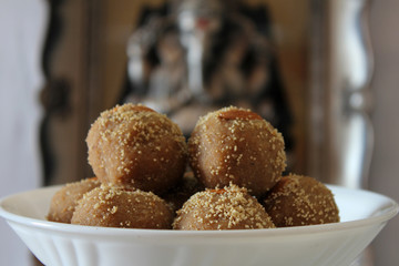 Churma ladoo[laddu]is Indian traditional sweet made with wheatflour,desi ghee and jaggery during Ganesh Chaturthi  auspicious occasions.
