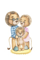 Hand drawn watercolor colorful isolated on the flat background illustration. Baby lion little boy. Standing with parents. Taking a photo together. Family portrait.