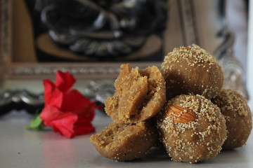 Churma ladoo[laddu]is Indian traditional sweet made with wheatflour,desi ghee and jaggery during Ganesh Chaturthi  auspicious occasions.