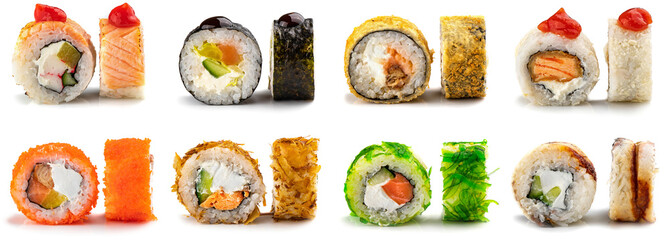 Collection of single sushi rolls isolated on white background for menu. Set Sushi maki. Japanese food
