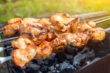 A close-up of the pies of pork in teriyaki sauce is fried  on skewers. Preparation of a shish kebab on a summer day