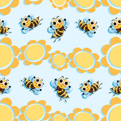 Fototapeta premium Flowers. Bee meadow. Swarm bees fly among the flowers. Background, seamless pattern with cute cartoon characters.