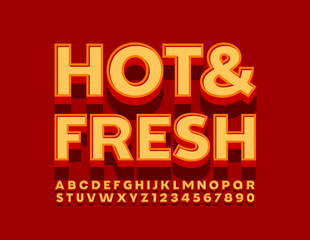 Vector bright sign Hot & Fresh. 3D Retro Font. Vintage Alphabet Letters and Numbers
