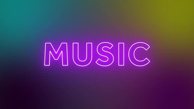 Music neon sign fluorescent light glowing on signboard background. Text music by neon lights sign in dark night. The best stock of music neon flickering, flash and blinking