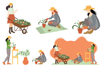 Seth women in the garden. Gardening. Gardener with a cart and flowers, grows indoor plants, plants flowers in the garden.