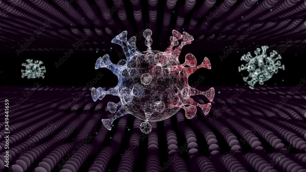 Poster 3d rendering of abstract virus cell models floating through tunnel of electric light dots.