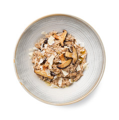 Classic  italian risotto with mushrooms and parmesan cheese. isolated on white background