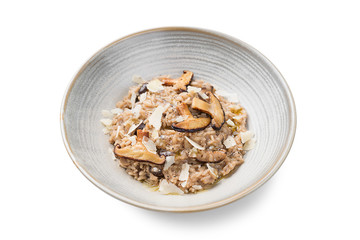 Classic  italian risotto with mushrooms and parmesan cheese. isolated on white background