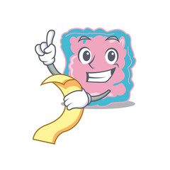 Intestine mascot character style with a menu on his hand