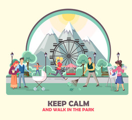 Different people walking in the park. Mountain village landscape. Flat style vector illustration