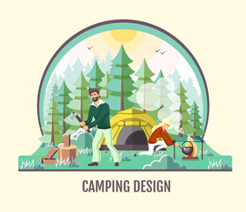 People camping in the wild nature. Outdoor adventure. Flat style vector illustration.