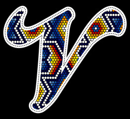 initial capital letter V with colorful dots. Abstract design inspired in mexican huichol beaded craft art style. Isolated on black background
