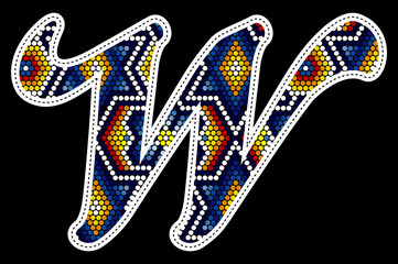 initial capital letter W with colorful dots. Abstract design inspired in mexican huichol beaded craft art style. Isolated on black background