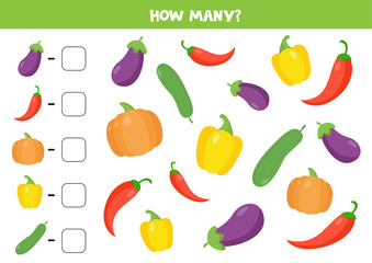 Counting game for kids. How many vegetables are there. Set of cute cartoon vegetables.