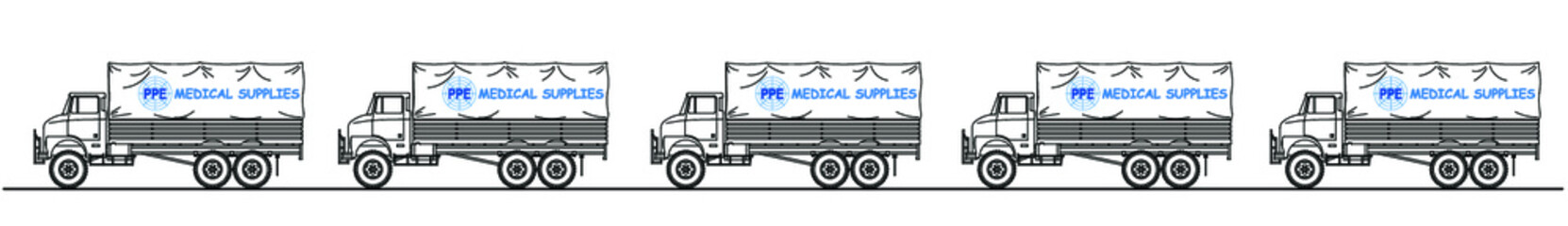 Banner heading of truck convoy delivering personal protection equipment medical supplies, line diagram isolated on white background
