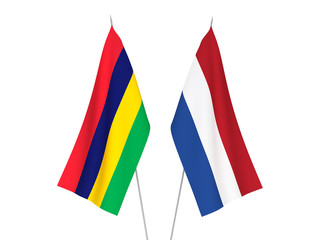 National fabric flags of Netherlands and Republic of Mauritius isolated on white background. 3d rendering illustration.