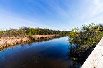 Obraz premium Small Pond and a Walking Bridge on a Bike Trail in Southeastern Wisconsin