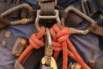 Close up picture of 10.5 MM dynamic rope low elongation fastening with barrel knot into safety industry fall body abseiling harness loop with descender attached     - obrazy, fototapety, plakaty