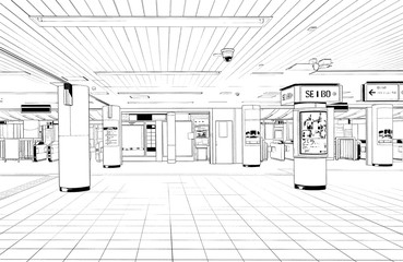 漫画風ペン画イラスト　繁華街_街並