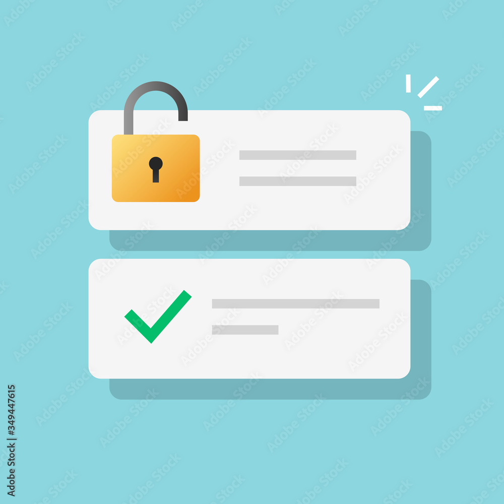 Poster password secure access as web internet notification with check mark flat cartoon vector, open lock o