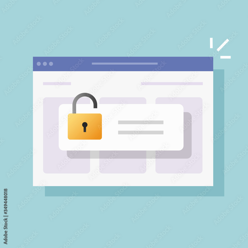 Poster password secure access on web internet browser window flat cartoon vector, open lock or padlock as d