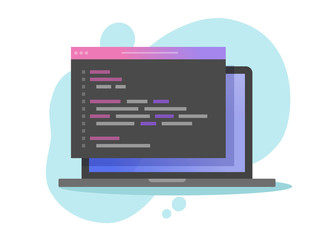 Website coding on computer laptop or programming html or php code vector flat cartoon, illustrated pc with programme window web code modern design icon image