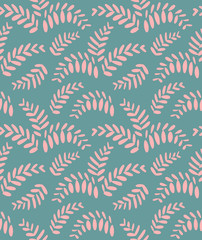Pattern with beautiful pink fern leaves in scandinavian style. Unique hand drawn seamless background. Modern vector illustration.