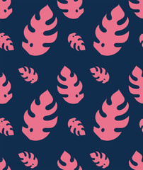 Pattern with beautiful pink monstera leaves in scandinavian style. Unique hand drawn seamless background. Modern vector illustration.