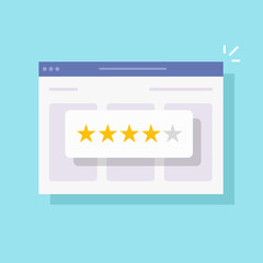 Review rating online on website or customer testimony feedback web internet experience vector flat cartoon, illustrated audit rate stars on browser with web reputation modern design isolated image