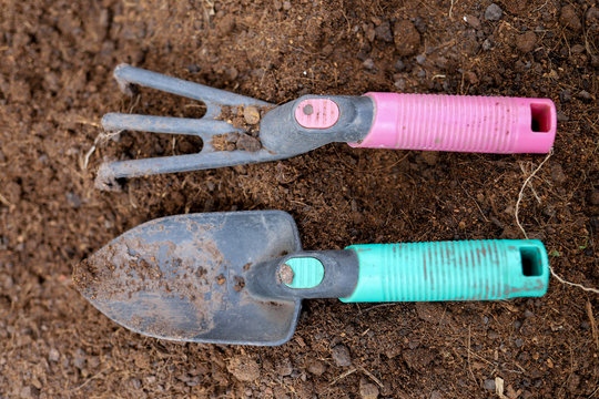 A pair of pastel-color hand fork and trowel on brown dirts