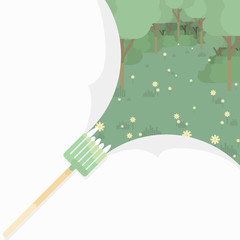 A rake clears a natural corner of the garden where flowers and trees grow. Garden work with rakes - card.