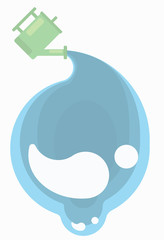 A large drop of pure water flows from a watering can..Flat illustration icon.