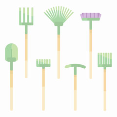 Set of garden tools on a white background: shovel, pitchfork, rake, fan rake, pickaxe, mop, long rake.