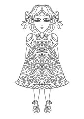 Fototapeta premium Coloring book page. Cute girl coloring. Line art.