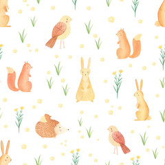 Cute seamless pattern for kids with animals. Watercolor hand painted woodland animals for children background, textile, fabric, nursery, wallpaper. Vintage style. Spring, summer season design. 