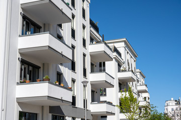 Modern white block of flats seen in Berlin, Germany