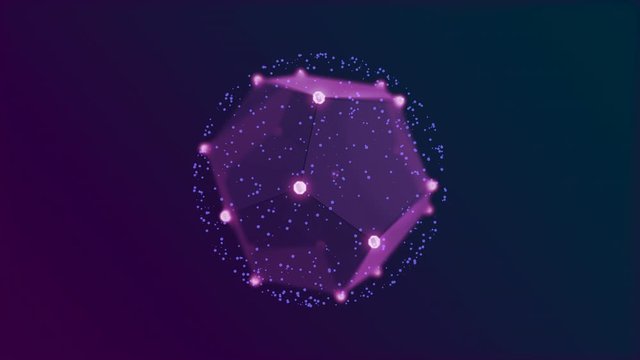 A violet low poly figure covered with a white net of dots floats over datk background.