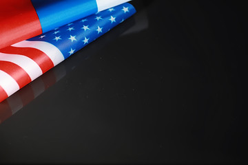 The concept of diplomatic relations. Flag of the United States of America and the Russian...