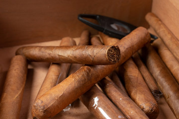 A closeup view of a pile of cigars in a wooden box.