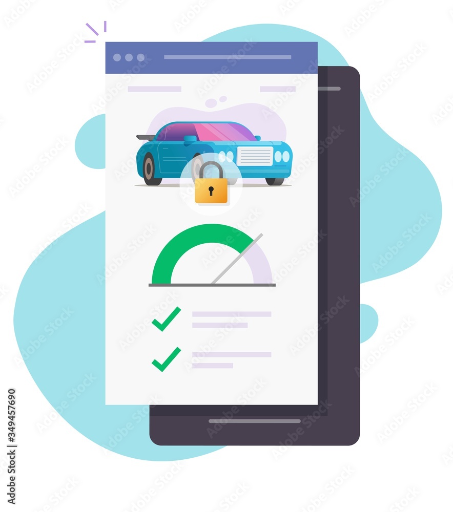 Poster smartphone connected to smart car online monitoring app or automobile wireless remote control secure