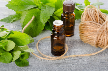 Lemon balm, Melissa and mint fresh leaves and essential oil in bottle on wooden table, herbal...