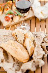 bread and wine on dinner table